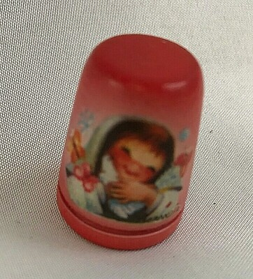 #ad Vintage ANRI Italy Handpainted Wood Wooden Sewing Thimble 1983 Girl Red