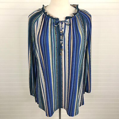 #ad Susan Graver Tunic Top Shirt Liquid Knit Size 2X Blue Striped Peasant L S