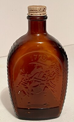 #ad Vintage Embossed Log Cabin Syrup Bicentennial 1776 Liberty Amber Glass Bottle
