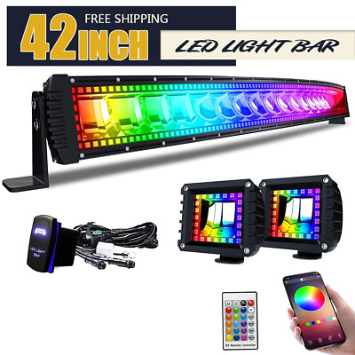#ad 42quot; inch Curved LED LIGHT BAR for Jeep Off road RGB Strobe Light w RGB LED Pods