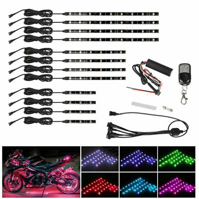 #ad 12pcs RGB 15 Color Waterproof Flexible Strip Motorcycle LED Light Kit Remote 12V