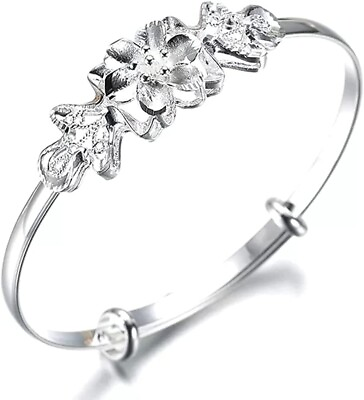 #ad Retro Bridesmaid Adjustable Flower Cuff Bangle Bracelet in 925 Sterling Silver
