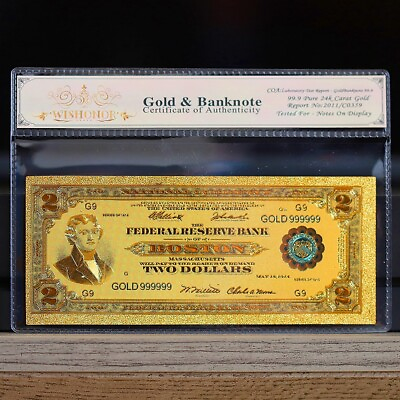 #ad 100mg 24K Gold 1918 $2 Dollar Bill Federal Reserve Note Large Banknote White COA