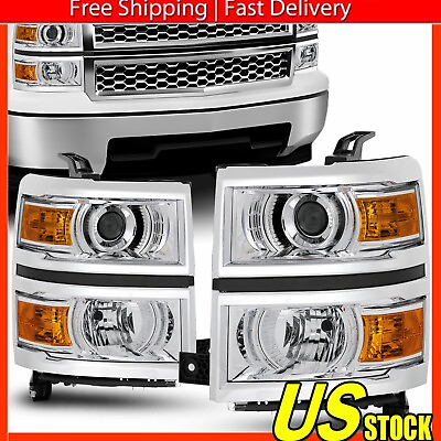 #ad Pair For 2014 15 Chevy Silverado 1500 Projector Headlight Assembly Chrome EOOH G