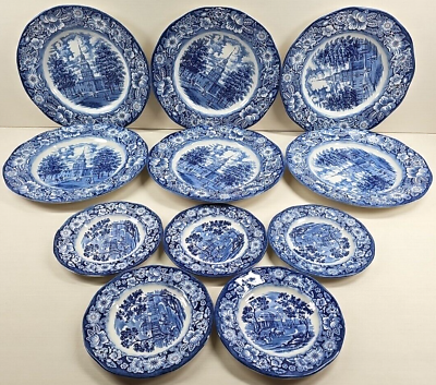#ad 11 Pc Staffordshire Liberty Blue Dinner Bread Plates Vintage Floral England Lot