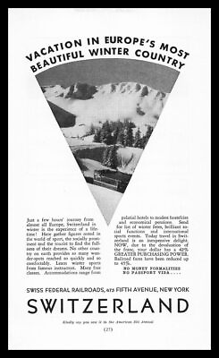#ad 1937 Swiss Federal Railroad Switzerland Snow Ski Winter Tourism Vintage Print Ad