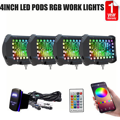 #ad 4INCH LED Pods Work Light BAR Multi Color Chasing RGB Halo Strobe Driving Lamp