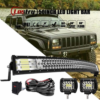For Jeep Cherokee XJ Front Upper Roof 50quot; Curved LED Light Bar Combo4quot; Pods Kit