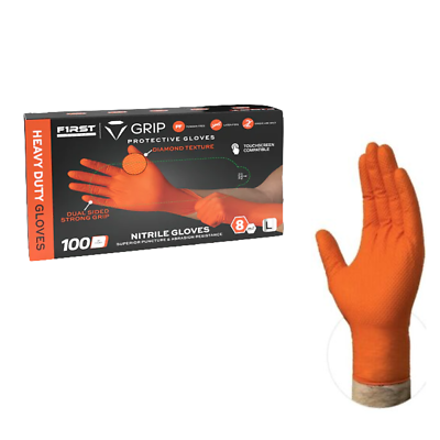 #ad First Glove Grip Orange Nitrile Disposable Gloves 8 Mil Raised Diamond Texture