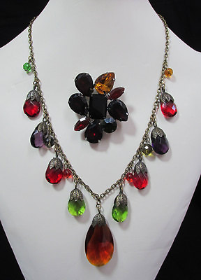 #ad Necklace Teardrop Dangle amp; Brooch Pin Multi Colored Beads Green Red Amber Purple