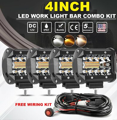 #ad 4x 4quot; inch LED Work Light Pod Combo White Amber Strobe Wire KIT Offroad Truck