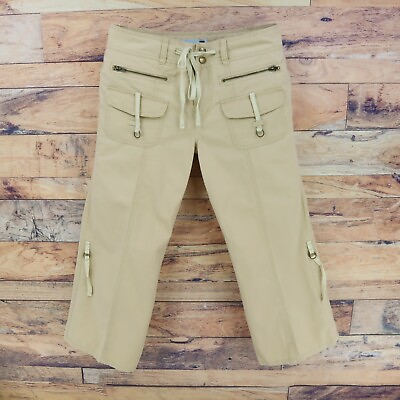 #ad F2i Capri Cargo Pants Womens Size 30 31 Beige 100% Cotton Drawstring amp; Zipper