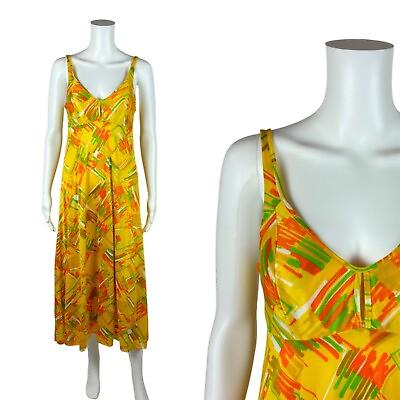 #ad Vintage 70s Long Nightie Nylon Slip Dress Yellow Orange Abstract Lingerie