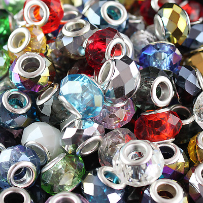 #ad 20PCS Crystal Glass Rondelle Big Hole Silver Charm European Beads Fit Bracelet