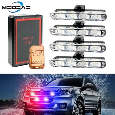 #ad 4 In 1 Grill Car Police LED Light Strobe Red Blue Emergency Remote Warning Lamp