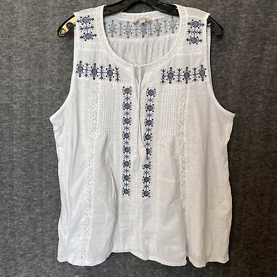 #ad Lucky Brand Top Womens 2X White Crochet Embroidered Tassel Boho Blouse Cottage