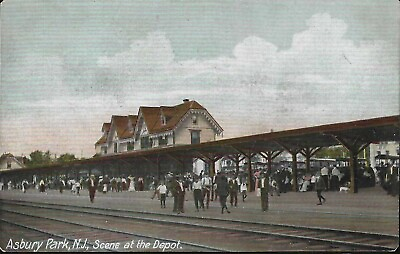 #ad The Scene at the Depot Train Station Asbury Park N.J. Very Early Postcard