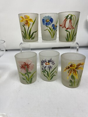 #ad 6Different Vintage Federal Glass Hand Painted Floral Frosted Shot Glasses