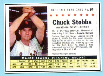 #ad 2022 1961 Cereal Card #94 Chuck Stobbs Minnesota Twins