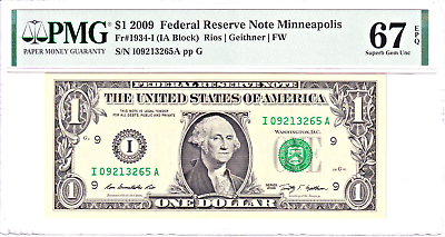 #ad 2009 $1 Federal Reserve Note Minneapolis PMG Gem Unc 67EPQ #I09213265A