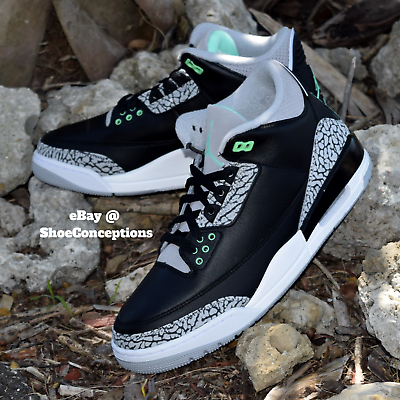 #ad Nike Air Jordan 3 Retro Shoes Black Wolf Gray Green Glow CT8532 031 Men#x27;s amp; GS