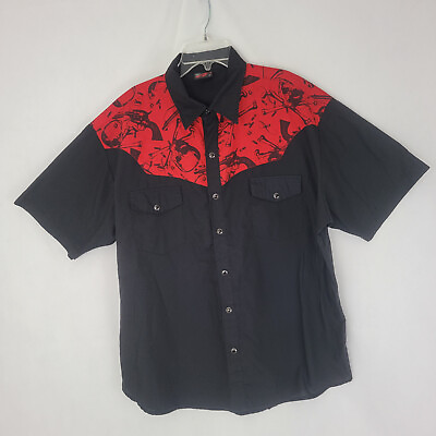 #ad STEADY CLOTHING Mens XL Shirt BLACK Red Skull Bone Guns Rockabilly Western Retro