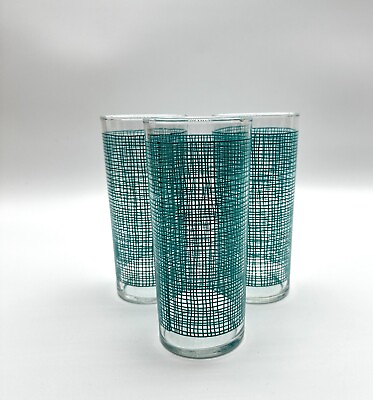 #ad Federal Glass Turquoise Woven Rattan Tumblers Set of 3