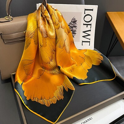 #ad 100% Mulberry Silk 27quot; Square Scarf Women Neckerchief Wrap Floral Yellow Flower