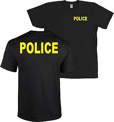 #ad POLICE Front and Back T Shirt Huge NEON YELLOW LETTERS Black NEW