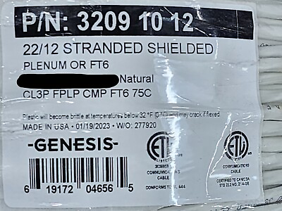#ad Honeywell Genesis 3209 22 12C Shielded Plenum Control Cable CMP White 50ft
