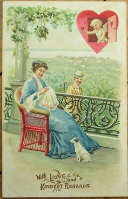 #ad Valentine 1910 Postcard Cupid and Couple Embossed Color Litho