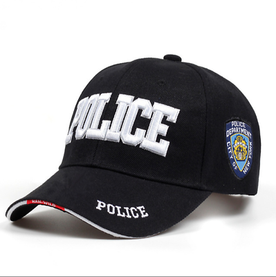 #ad Police Hat Officer Baseball Cap Adjustable Black Hat Headwear Black White