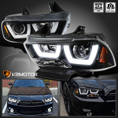 #ad Jet Black Fits 2011 2014 Dodge Charger Dual LED Tube Projector Headlights Pair