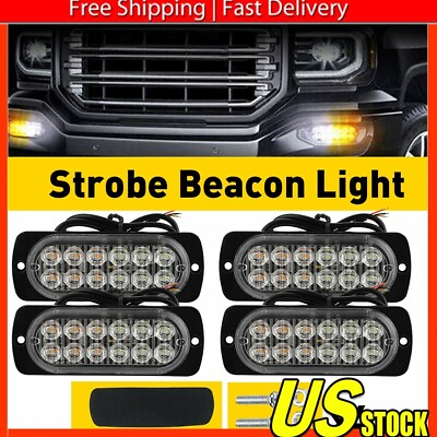 #ad 4xStrobe Amber 12 LED Car Truck Beacon Warning Hazard Flash Light Bars