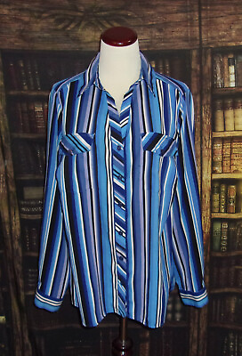 #ad Kim Rogers Blouse 1X Blue Striped Multi Womens Long Sleeve Button Up Pockets