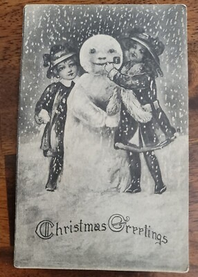 #ad Early Christmas Greeting Snowman Postcard Gravure Series Girls Dressed Snow