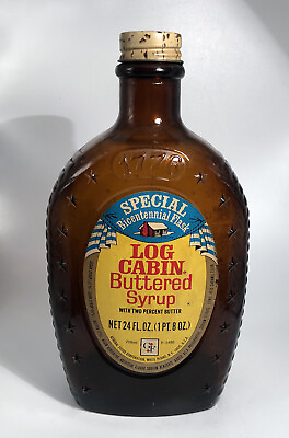 #ad VTG. Embossed Log Cabin Syrup Bicentennial 1776 Liberty Amber Glass Bottle.Flask
