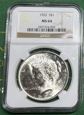 #ad 1922 $1 Silver Peace Dollar NGC MS 64 90% Silver US Coin