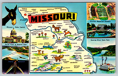 #ad City St. Missouri Lake Map Tarkio Lancaster Princeton Chrome Vintage Postcard