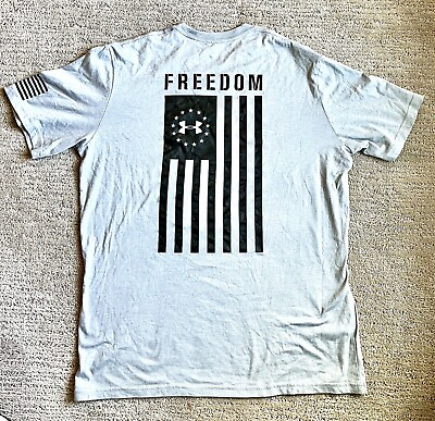 #ad Under Armour Men’s Gray Black Freedom Flag Shirt Sleeve T shirt Size Med