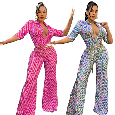 #ad Hot Sale Fashion Women Collared Short Sleeves Print Patchwork Club Jumpsuit