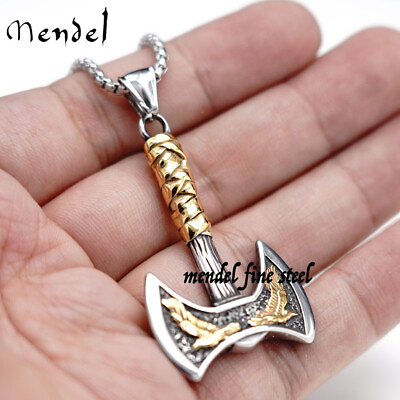 #ad #ad MENDEL Mens Gold Plated Nordic Viking Raven Axe Pendant Necklace Stainless Steel