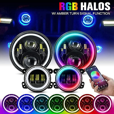#ad RGB Halo 7Inch LED Headlights 4quot; Fog Lights Combo Kit for Jeep Wrangler JK TJ LJ