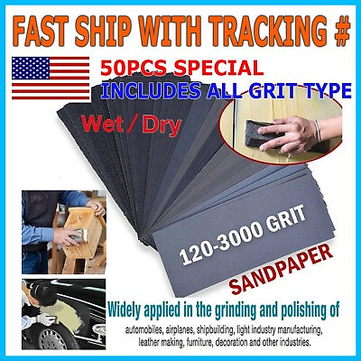 #ad 50 Pcs Sandpaper Sand Paper Sanding Sheets Assorted Auto Wet Dry Wood Car Metal