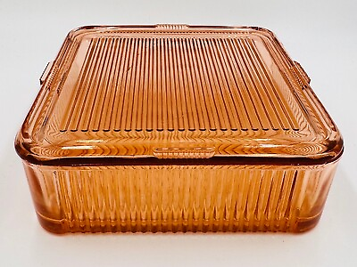 #ad Federal Glass Pink Square Refrigerator Dish With Lid Ribbed Depression 8.5quot;
