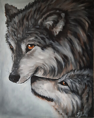 #ad Wolf Love Painting Animal Original Art Wildlife Couple Wolves Artwork 16 by 20in