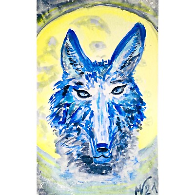 #ad Original Painting Wolf Artwork Watercolor Modern Animal Blue Wolf Moon Night Art