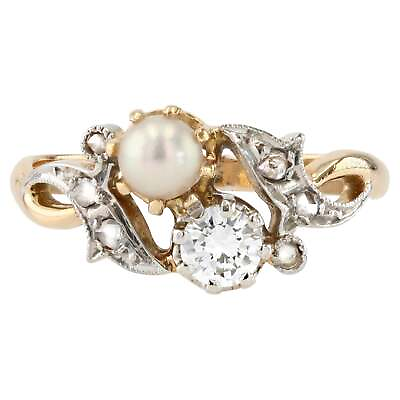 #ad French 1920s Pearl Diamond 18 Karat Yellow Gold You and Me Ring