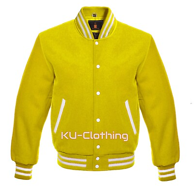 #ad Men Varsity Jacket Wool Baseball Letterman School College Women Jacket Yellow