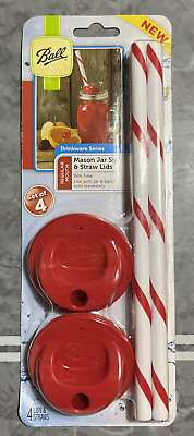 #ad Ball Drinkware Series:Mason Jar Sip amp; Straw Lids Set Of 4 Red amp; White BPA FREE